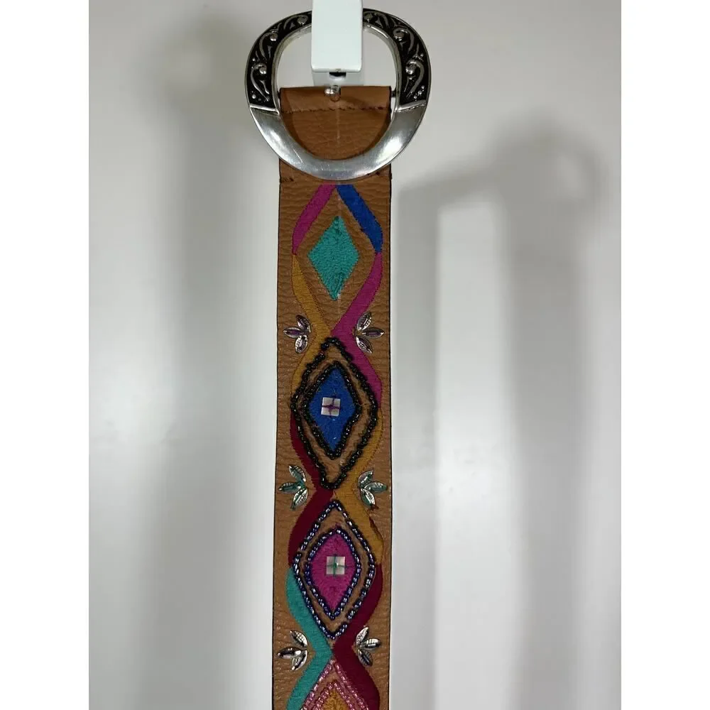 CHICO'S Women's Embroidered/Beaded Wide Leather Bohemian Belt Brown Size Large